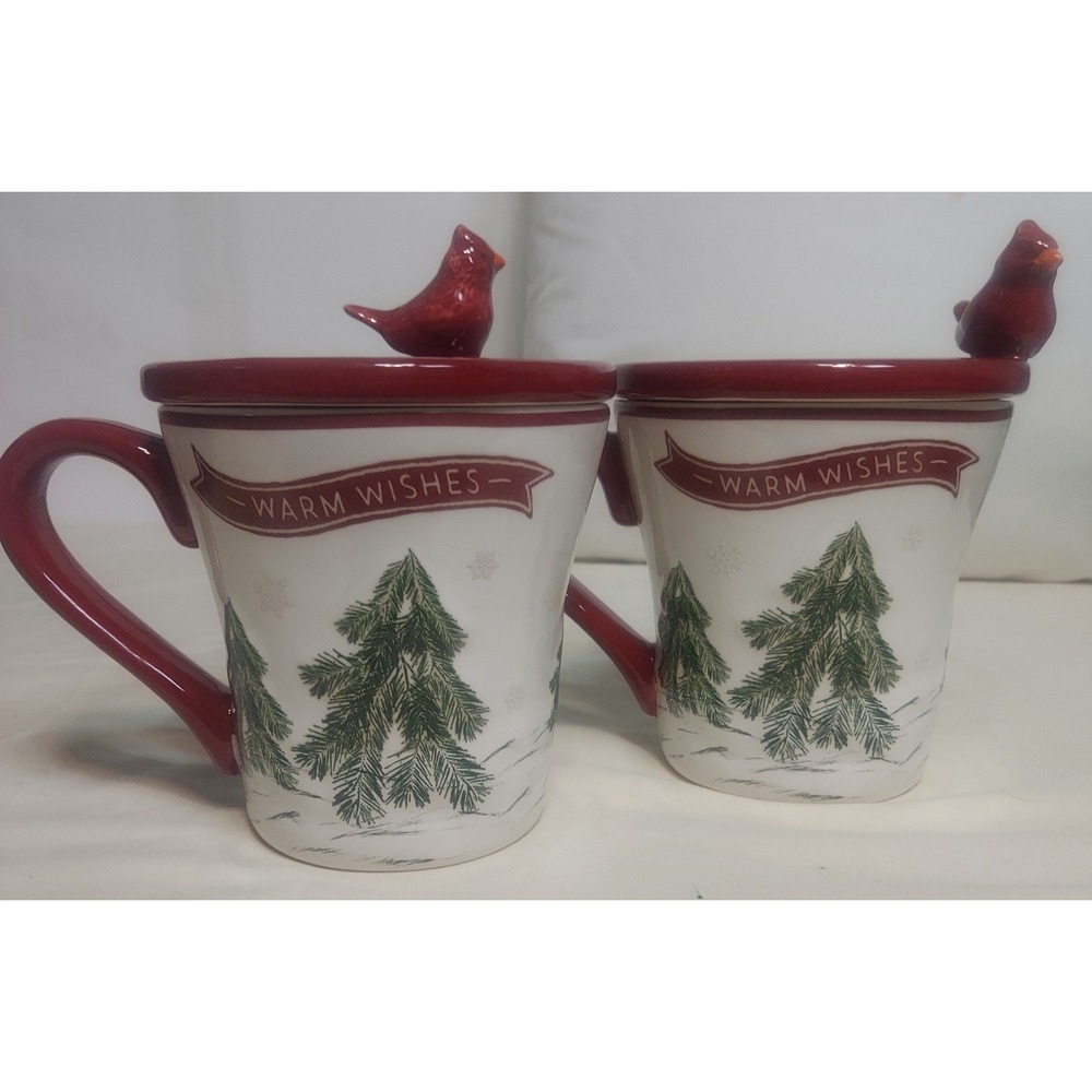 Cardinal Christmas Mug Set with Lid Warm Wishes Holiday Coffee‎ Tea Cup Read!